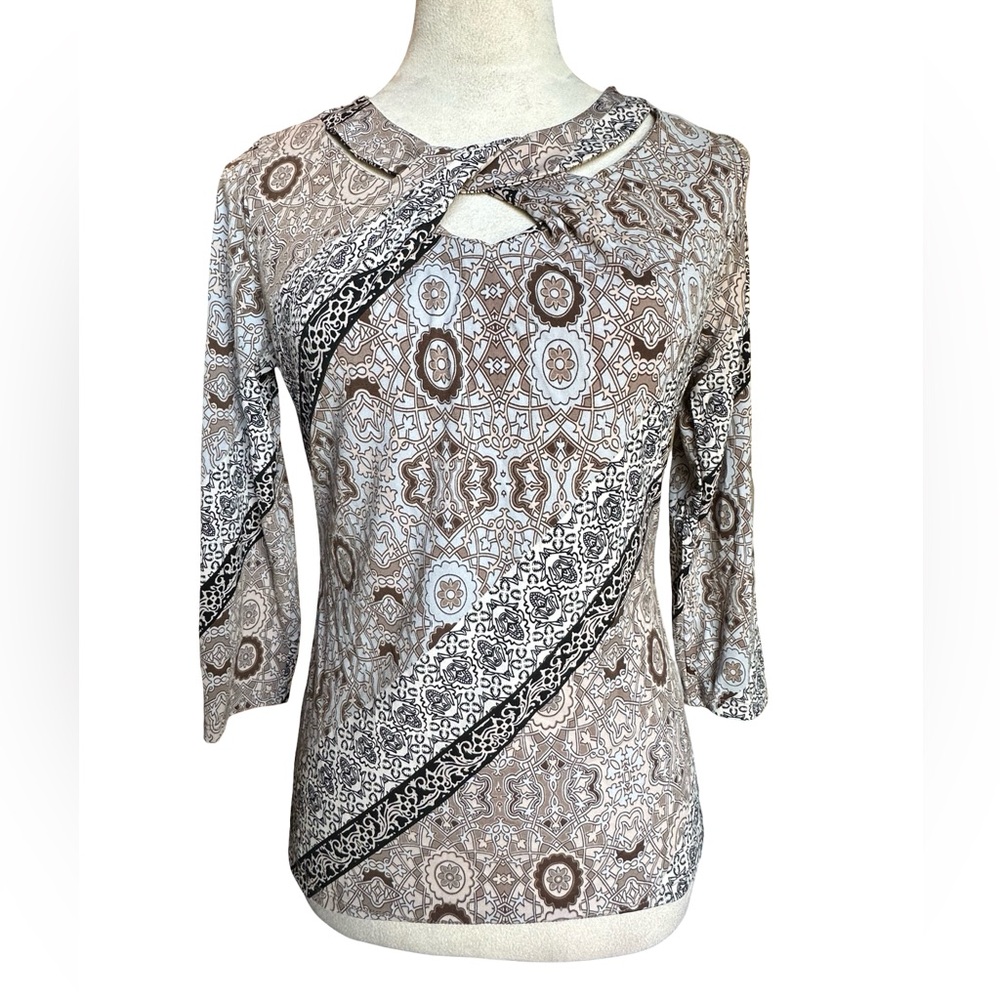 New York & Company Beige and Black Patterned Blouse